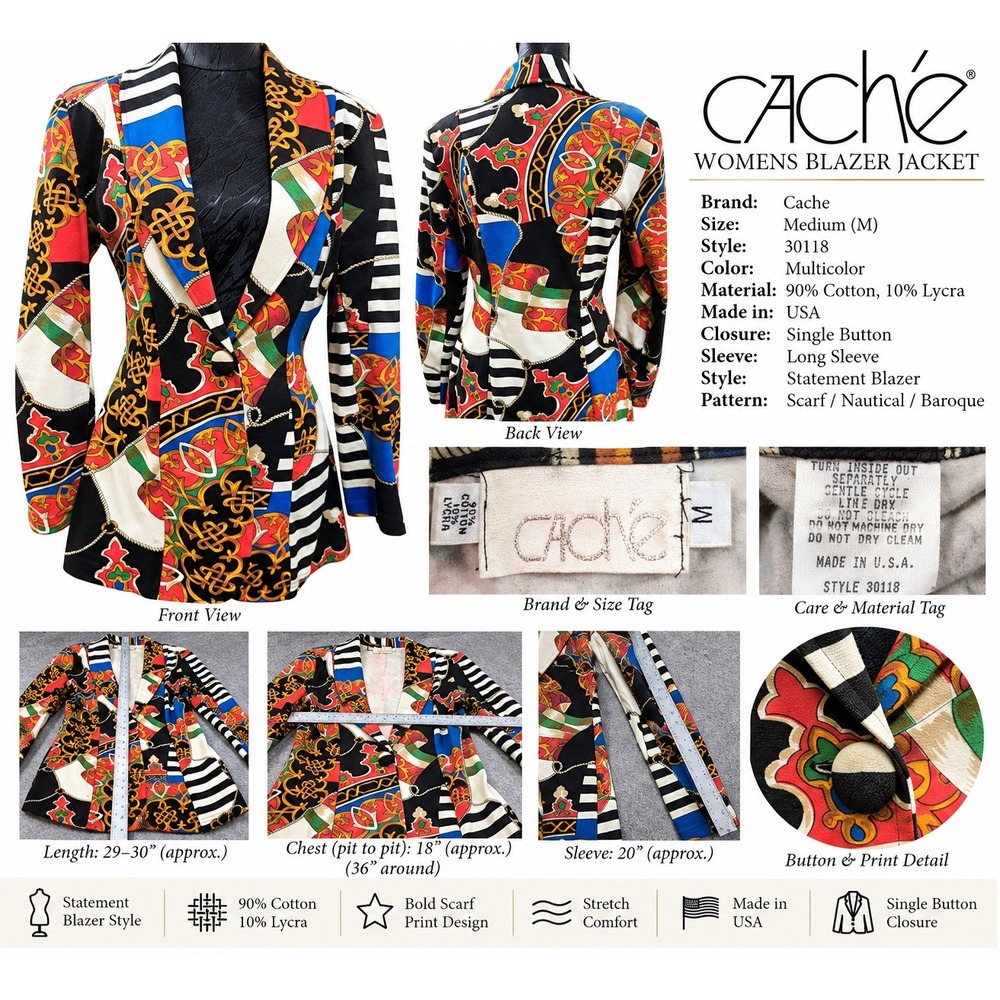 Cache Womens Statement Blazer Jacket Multicolor Scarf Baroque Print Size M 30118